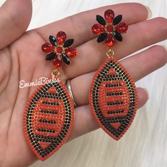 New Red & Black Rhinestone Football Drop Dangle Earrings - Picture 4 of 12